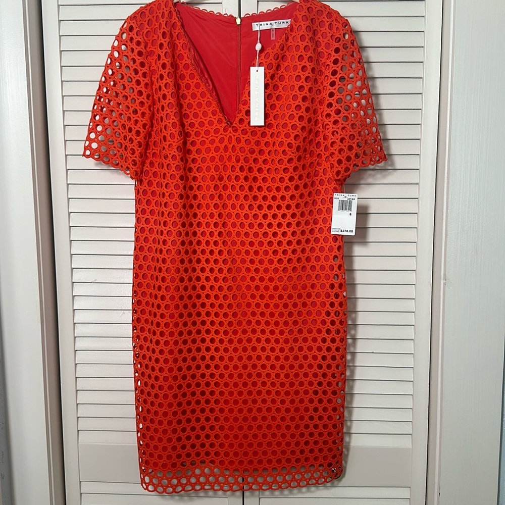 Trina Turk Crochet Sheath Shift Dress Size 6 Vibrant Orange/Coral NWT
